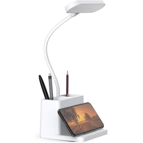 AXX Rechargeable Small Desk Lamp for Home Office Bedroom, Study Table Light for Kids Teens, White, LED, Pen Holder, Mini, Gooseneck, College Dorm Room Lighting for Computer Keyboard Desktop Task