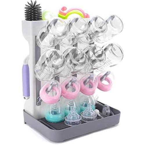 Baby Bottle Drying Rack: Space Saving Vertical Bottle Drying Holder with Brushes Holder - Large Bottle Storage Holder Organizer 12 Bottles & Baby Accessories,BPA-Free, Gray