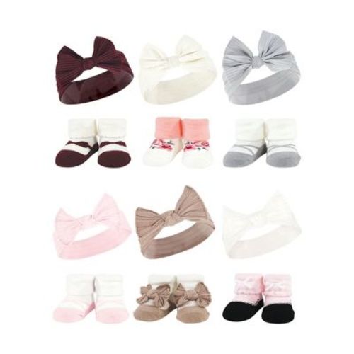 Hudson Baby Infant Girl 12Pc Headband and Socks Giftset, Burgundy Gray Pink Taupe, One Size