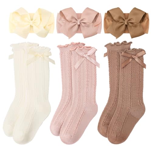 JATEBI Baby Big Bow Headband Knee High Socks Set | Cute Lace Soft Stretch Newborn Infant Toddler Girls Knee High Long Socks Booties Hair Accessories Gift