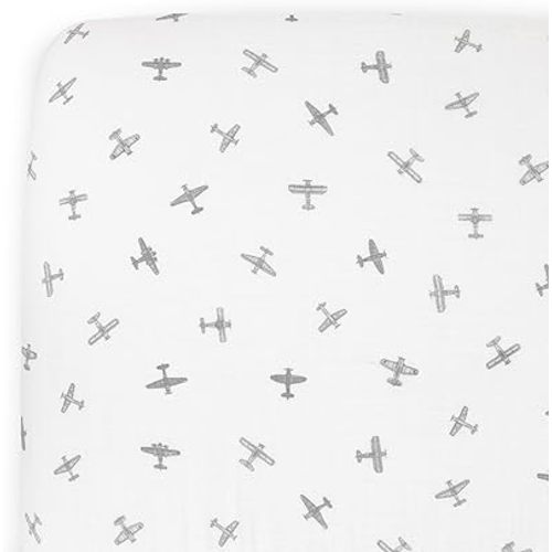 Little Unicorn Organic Muslin Crib Sheet | Soft & Breathable Fitted Sheet for Crib Mattress | 100% Cotton 52"x28" | (Pewter Planes)