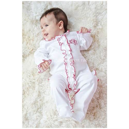 Coming Home Outfit-Pima Cotton baby-Baby first Christmas-Margaret's White with Red trim Footed Romper-Baby Girl Clothing-Baby Gift