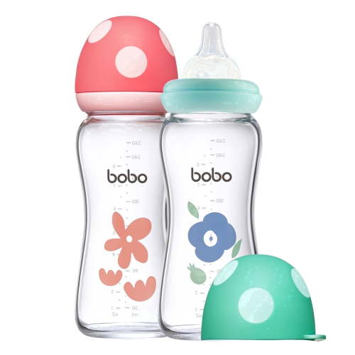 YOHKOH Newborns Glass Bottles,Natural Response Nipple,Wide-Neck Bottle,8.8 oz/2pk,(Red,Blue)