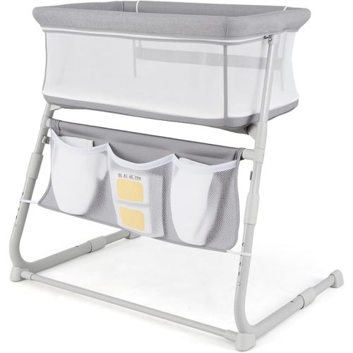 BABY JOY Bassinet, Bedside Crib w/Adjustable Height, Comfy Mattress, Full-Mesh Sides and Storage Pockets for Newborns Infants, Baby Bassinets Bedside Sleeper for Safe Co-Sleeping