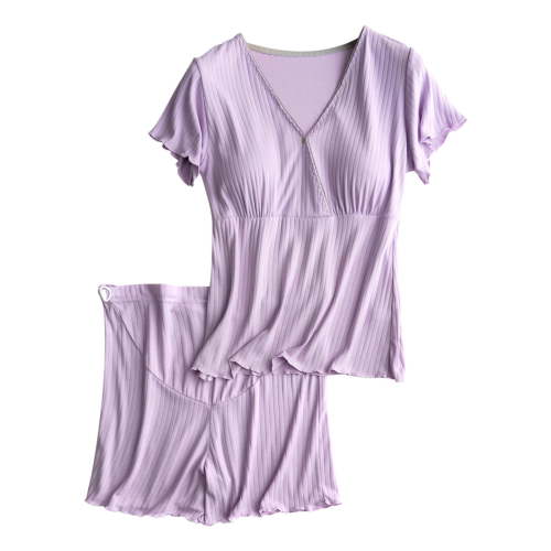 Itsun Maternity Pajamas,Pregnant Womens Nursing Color Round Neck Short Sleeve Round Neck Breastfeeding Blouse Shorts Two Piece Set Purple