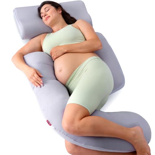 Momcozy Pregnancy Pillow with Cooling Cover, Detachable G-Shaped Maternity Pillow with Adjustable Belly Wedge, Full Body Support for Expecting Mothers, Grey