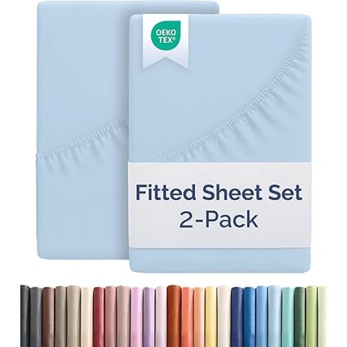 Twin XL Size Fitted Bed Sheet - Pack of 2 Single Fitted Bottom Sheet Only - Fits Mattress Up to 16" Deep Pockets - Extra Soft, Breathable & Cooling - Hotel Quality, Fade and Wrinkle Free - Light Blue