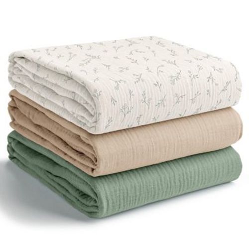 Comfy Cubs Muslin Swaddle Blankets Pack of 3 - Large 42" x 42" 100% Cotton Baby Blanket Set Wraps - Branch Pattern, Fern, Sand