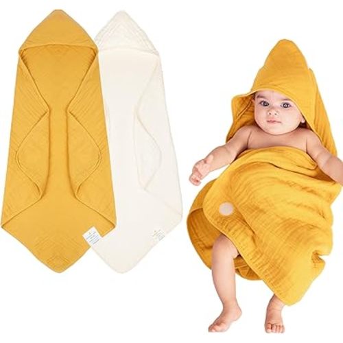 NINTARABABY Hands-Free Hooded Towel - 100% Organic Premium Muslin Cotton, 30" x 30", Ultra-Absorbent, Soft, Breathable, Hypoallergenic, Multipurpose, Gifts for Babies & Infants, Pack of 2
