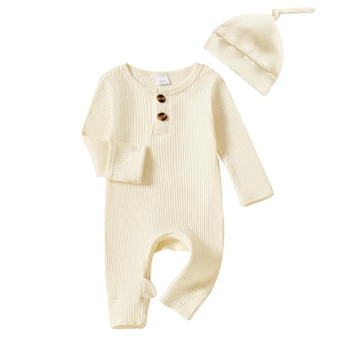 Infant Boys Girls Clothes Set Newborn Baby Romper Hat Ribbed Knit Long Sleeve Button Solid Bodysuit Jumpsuit