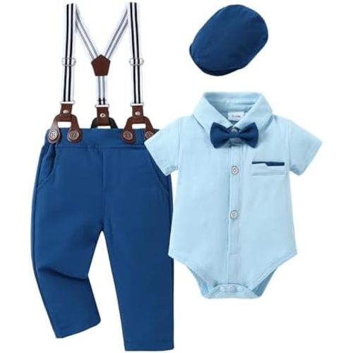 CARETOO Baby Boy Clothes Suit Infant Gentleman Boy Outfits Dress Shirt/Bowtie/Suspender Pants Set 0-18 Months