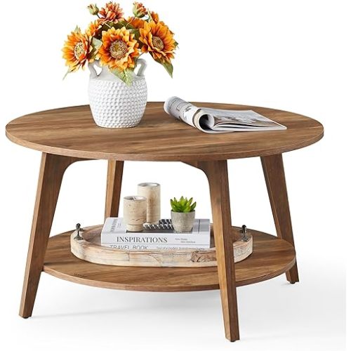 VASAGLE MAEZO Collection - Round Coffee Table, 2-Tier Center Table with Storage, Tapered Legs, Curved Transitions, 31.5 Dia. x 17.7 H Inches, Easy Assembly, for Living Room, Honey Brown ULCT243K41