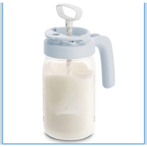 Papablic Glass Breastmilk Pitcher, Formula Mixing Pitcher with Mixing Handle Lid, Wide Mouth Mason Jar Mixer with Flip Locking Spout, Easy to Clean, BPA Free, Blue
