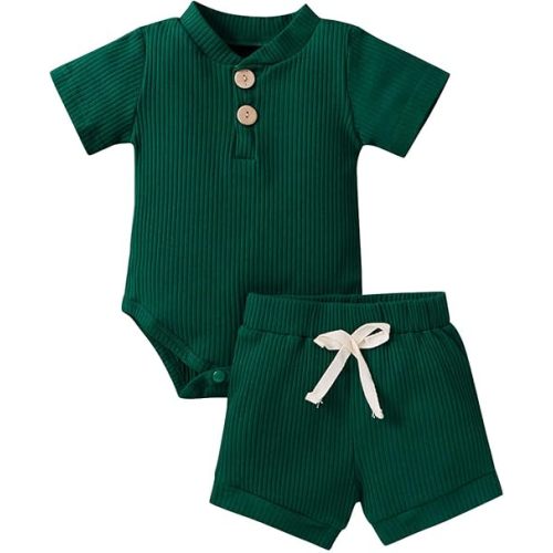 Ledy Champswiin Summer Newborn Baby Boy Girl Clothes Set Ribbed Outfits Unisex Infant Solid Short Sleeve Tops Shorts 2PCS