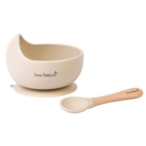 SARO "Nordic Wave" Silicone Baby Feeding Set - Sand: Suction Bowl & Wooden Spoon for Baby-Led Weaning