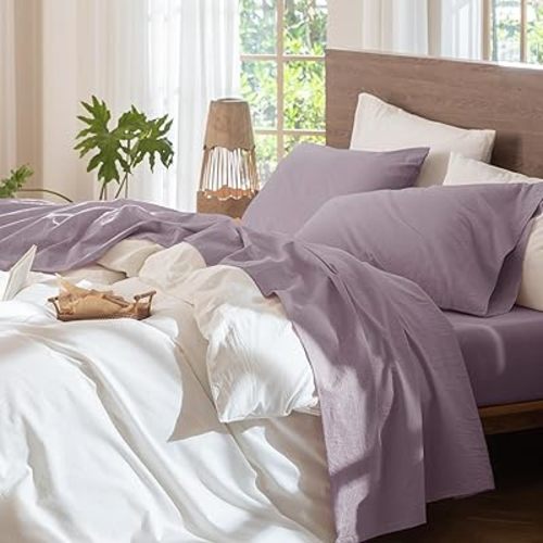 MooMee Bedding Sheet Set 100% Washed Cotton Linen Like Textured Breathable Durable Soft Comfy (Solid Taro Purple, Queen)