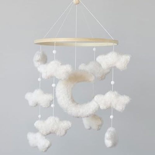 Boucle Cloud Moon Crib Mobile Boho Baby Mobile for Crib Neutral Nursery Mobile for Boys & Girls