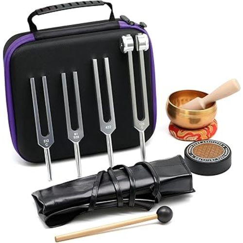Healing Tuning Forks Set 432 512 528 128 Hz Healing Instrument, Sound Therapy Devices with Singing Bowl for Chakra Solfeggio Essential Yoga Meditation Accessories, Healing Gifts for Women Men