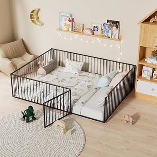 Full Floor Bed for Kids Metal Montessori Bed Frame with Door & Safety Guardrails Multifunctional Montessori Floor Bed, No Weight Limit, Easy Assemble,Black