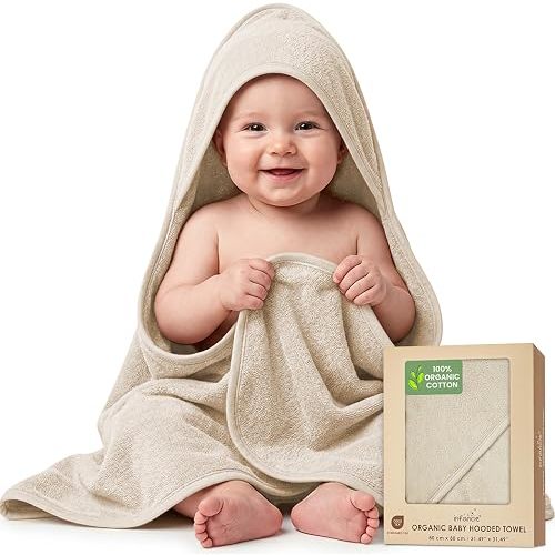 infancie 100% Organic Cotton Plush Woven Hooded Baby Bath Towels - Soft and Absorbent 31x31 Inches for Newborns and Kids, Hooded Baby Towels, Premium Infant Towels (Ivory)