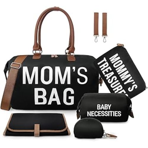 printe 6pcs Large Diaper Bag Tote with Changing Pad & 2 Organized Pouches, Mom's Bag for Hospital with Pacifier Case, Straps, Stroller Hook, Baby Diaper Bag for Weekender Travel