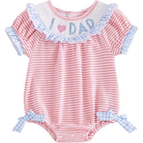 Newborn Baby Girl Summer Clothes Daddy's Girl Outfit Waffle Stripes Ruffled Bow Short Sleeve Romper Infant Outfit