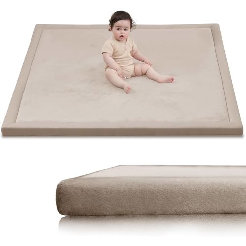 Baby Play Mat for Floor, 1.3" Thick Elasti-Foam 50x50 Playpen Mat for Toddlers Infant kids,Water-Repellent Soft Coral Velvet for Tummy Time, Non-Slip Backing for Crawling,Tatami Style(Beige)