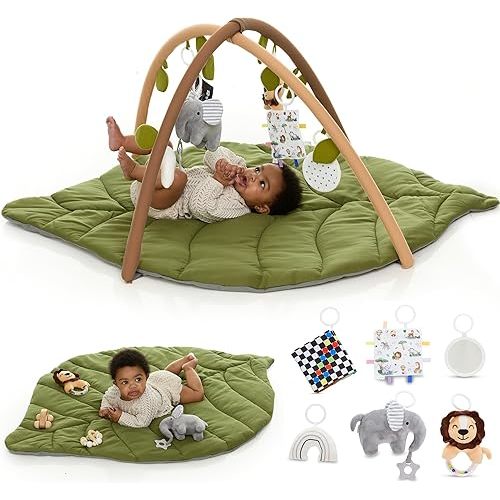 Baby Play Mat & Activity Gym - Tummy Time Mat with 6 Detachable Baby Toys | Oversized Leaf Modern Design Baby Play Gym | Perfect Baby Shower Gifts/Baby Must Haves - Developmental Activities for Baby