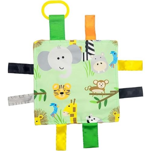 Baby Jack & Co 8x8” Jungle Zoo Animals Lovey Tag Toys for Babies - Crinkle Toys for Development of 5 Senses - Soft & Safe - Learn Shapes & Colors - Tummy Time - Soother - BPA Free w/Stroller Clip