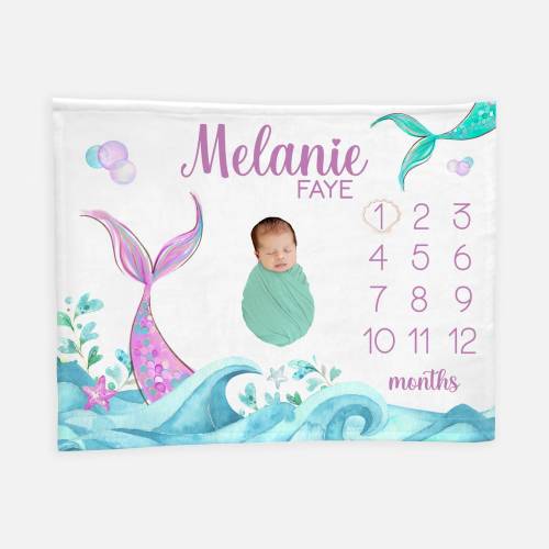 Mermaid Milestone Blanket, 40x50 minky with shell