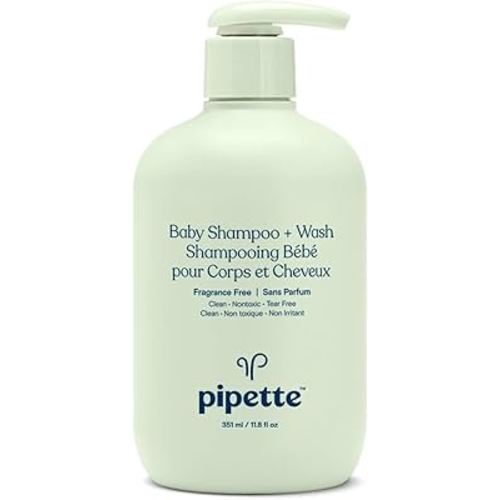 Pipette Baby Shampoo and Body Wash - Fragrance Free, Tear-Free Bath Time, Hypoallergenic, Moisturizing Plant-Derived Squalane, New Formula, 11.8 fl oz
