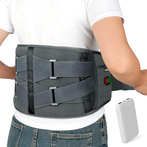 Comfytemp Cordless Heating Pad with Massager for Back Pain Relief, Portable Lower Back Massager Wearable, Birthday Gifts for Dad Mom Men Women Grandpa Grandma, 3 Heat, Auto-Off, 58", Grey