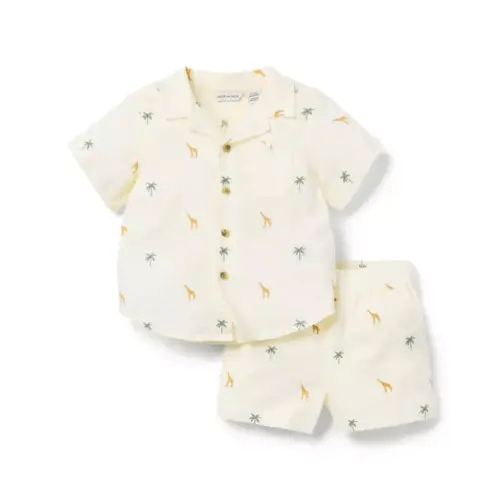 Newborn Cream Giraffe Palm Baby Linen-Cotton Cabana Matching Set by Janie and Jack