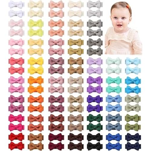YHXX YLEN Baby Hair Bows for Girls Mini Fully Lined Hair Bows Grosgrain Ribbon 1.2" Tiny Baby Hair Clips for Baby Girls Infant Fine Hair 100PCS (50 Colors in Pairs)