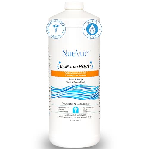 BioForce HOCl Pure Hypochlorous Acid Spray Refill for Face & Body (33 Oz) - Acne-Prone Skin & Eczema, Piercing aftercare, Made in Canada, Gentle Skin Cleanser & Toner, pH Balanced, Non-comedogenic