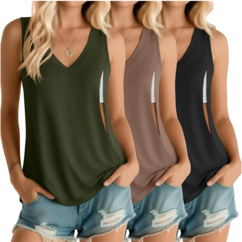 Ficerd 3 Pack Women's Nursing Tank Tops Breastfeeding Summer Hidden Zippers V Neck Sleeveless Shirts Loose Maternity Clothes