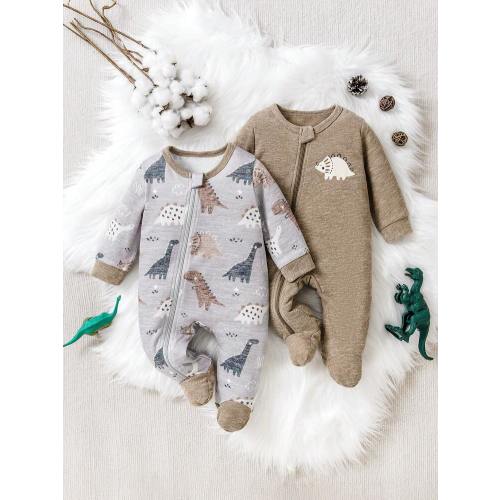 2pcs/Set Toddler Boys' Dinosaur Print Crew Neck Romper Jumpsuit, Brown & Gray | SHEIN USA