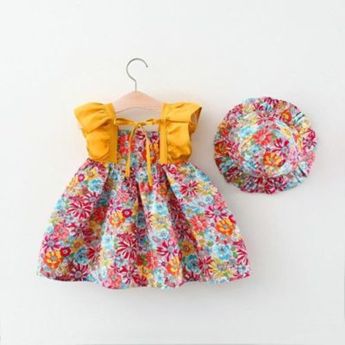 MyKids-USA Baby Girl Flower Pattern Butterfly Sleeve Design Cute Dress With Hat
