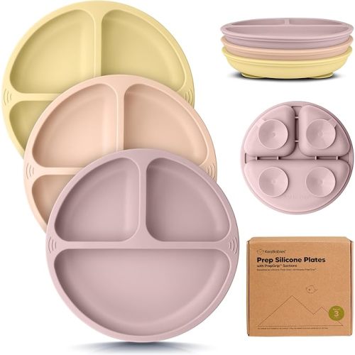 KeaBabies Suction Plates for Baby, Toddler - 3-Pack 100% Silicone Toddler Plates with Suction, Divided, BPA-Free Baby Led Weaning Essentials for Kids, Dishwasher, Microwave Safe, Durable (Forest)