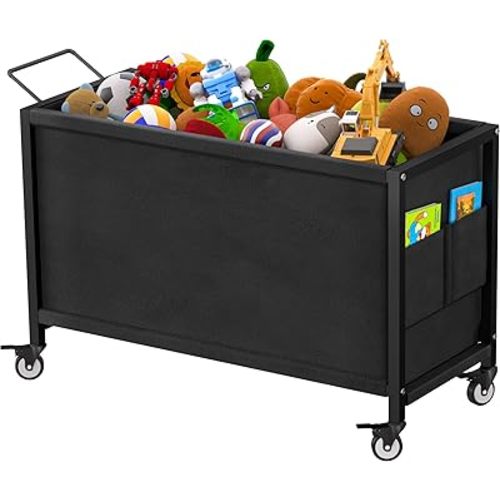 100L Large Kids Toy Box with Wheels, Toy Chest Storage Organizer for Toddlers, Boys, Girls, Toy Storage Bin for Stuffed Animals, PlayRoom, Bedroom, Nursery, Living Room, Black