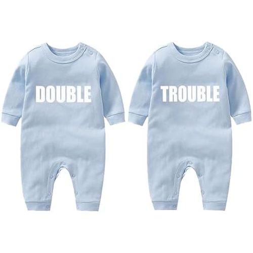 2-Pack Baby Twins Bodysuits Double Trouble Newborn Cotton Long Sleeve Funny Outfits Infant Twin Unisex Romper 0-12M