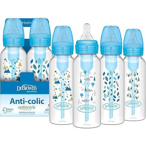 Dr. Brown's Natural Flow Anti-Colic Options+ Narrow Baby Bottle, Blue Nature, 8 oz/250 mL, with Level 1 Slow Flow Nipples, 0m+, 4 Pack