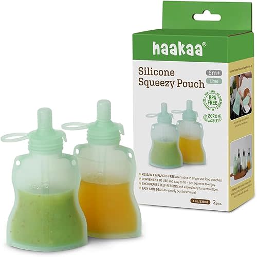 haakaa Silicone Yummy Pouch 4.5 oz – Reusable Silicone Snack & Smoothie Pouch, Refillable, Leak-Resistant, Dishwasher Safe, Eco-Friendly Food Storage for Kids & Toddlers (2-PK, Lime)