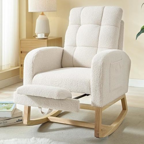 Modern Nursery Rocking Chair, Teddy Upholstered Rocking Chair with Footrest, Comfortable Rocker Glider with Side Pocket, Rocker Glider for Living Room, Bedroom, Nursing Room (Beige)
