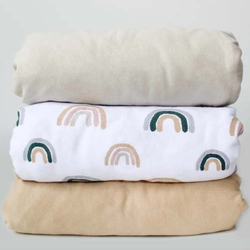 NODNAL CO. 3 Rainbow & Solid Cotton Crib Fitted Sheet Set, 3 Pieces, for Baby Girl or Boy Infant/Toddler Nursery Bedding, Boho Gender Neutral Watercolor Beige/Tan Toddler Mattress 28”x52”x9” Sheet