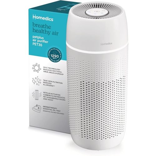 Homedics 5-in-1 PetPlus UV-C Air Purifier - 360-Degree HEPA Filter for 266 Sq Ft, Air Purifiers for Pets, Bedroom, and Home with Essential Oil Pads and Built-In Timer, 3 Speed Settings, White