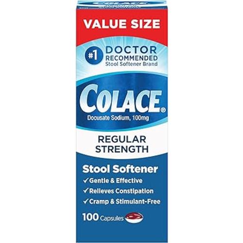 Colace Stool Softener 100 mg, 100 Capsules, Constipation Relief, Docusate Sodium, Gentle Docusate, Stimulant-Free, Regular Strength, #1 Doctor Recommended Stool Softener Brand