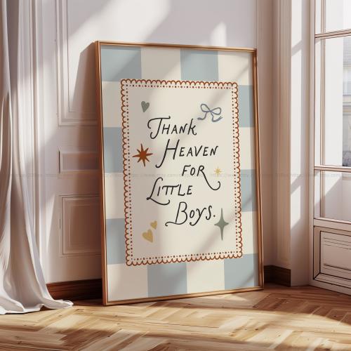 Vintage Christian Nursery Wall Art Soft Blue Checkered Print Thank Heaven for Little Boys Retro Baby Room Bible Quote Decor Modern Style