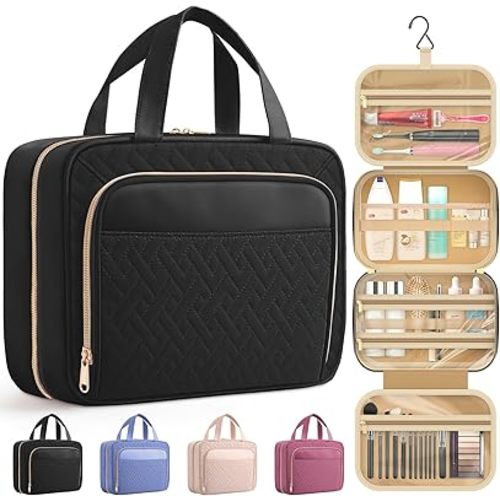 HOTOR Travel Toiletry Bag for Women & Men, Waterproof Makeup Bag with Hanging Hook and Multiple Pockets, Cosmetic Bags for Women, Travel Essentials, 11.2'' x 3.2'' x 8.9'', Black