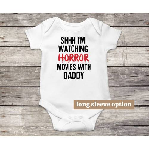 Horror Baby Bodysuit, Horror Movies With Daddy, Funny Baby Clothes, Scary Baby Outfit, Spooky Baby Clothes, Halloween Baby Announcement